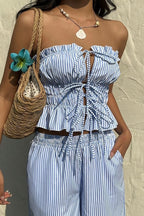 Striped Tie Front Tube Top Pants Set