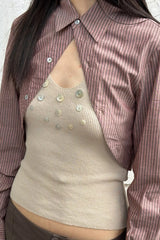 Shell Button Halter Knit Deep V Neck Tank Top