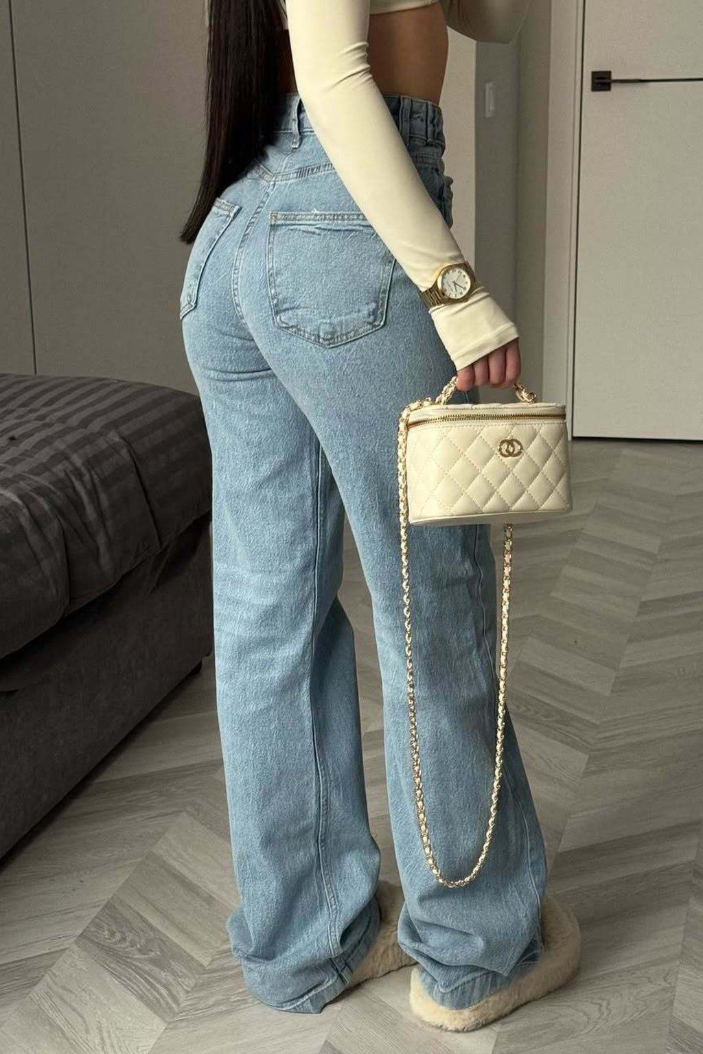 Asymmetric Waist Slim Flare Leg Jeans