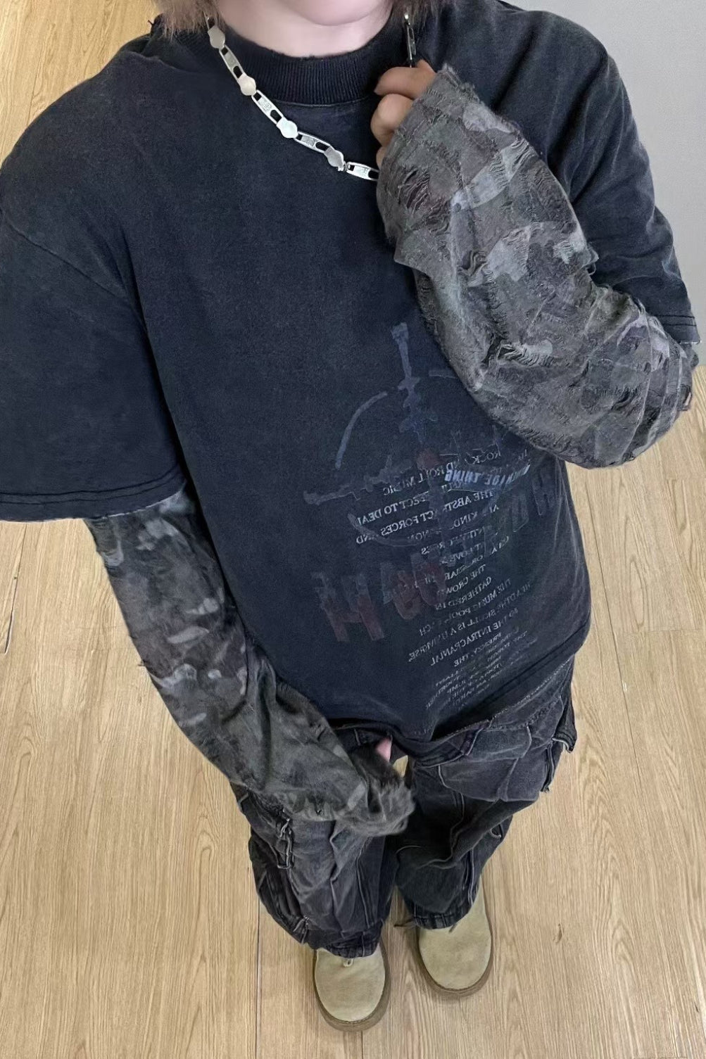 Washed Typography Camo Layered Long Sleeve T-Shirt