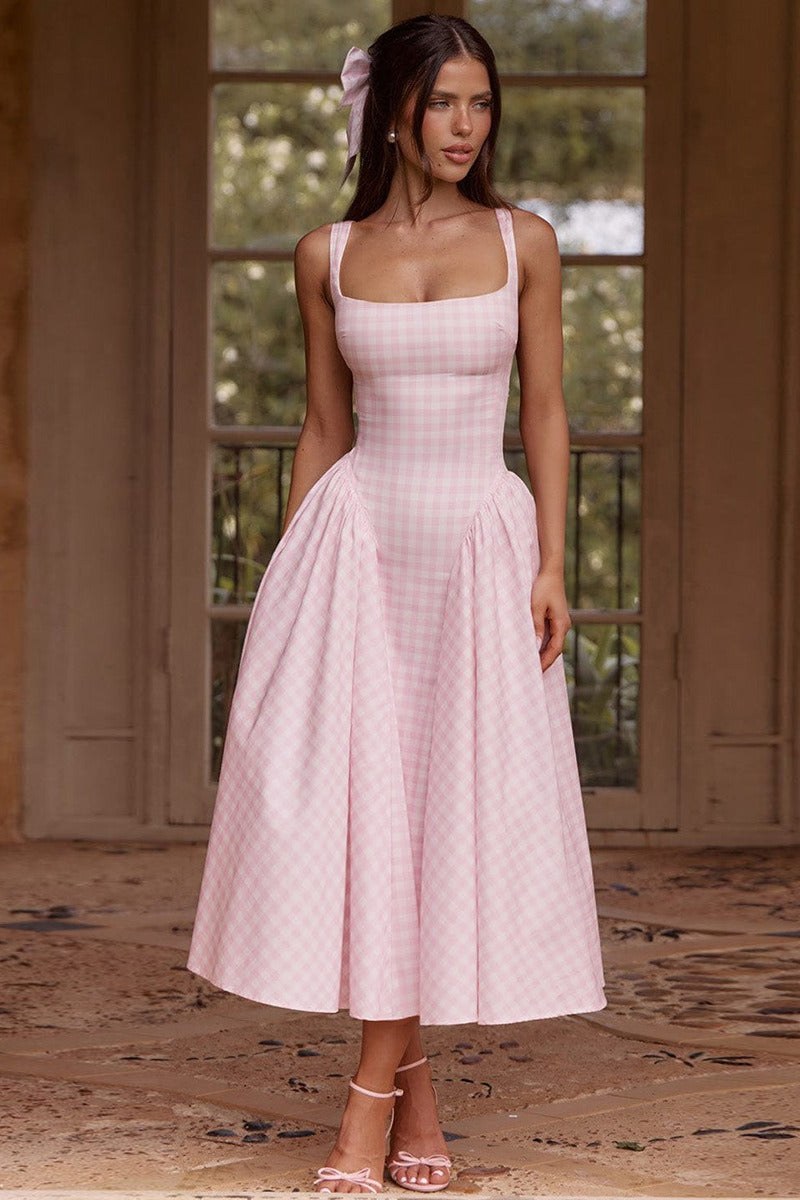 Plaid Printed Ruched Backless Spaghetti Strap Prom Dress Secondary image