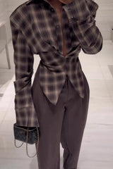Asymmetric Slim Fit Plaid Blouse