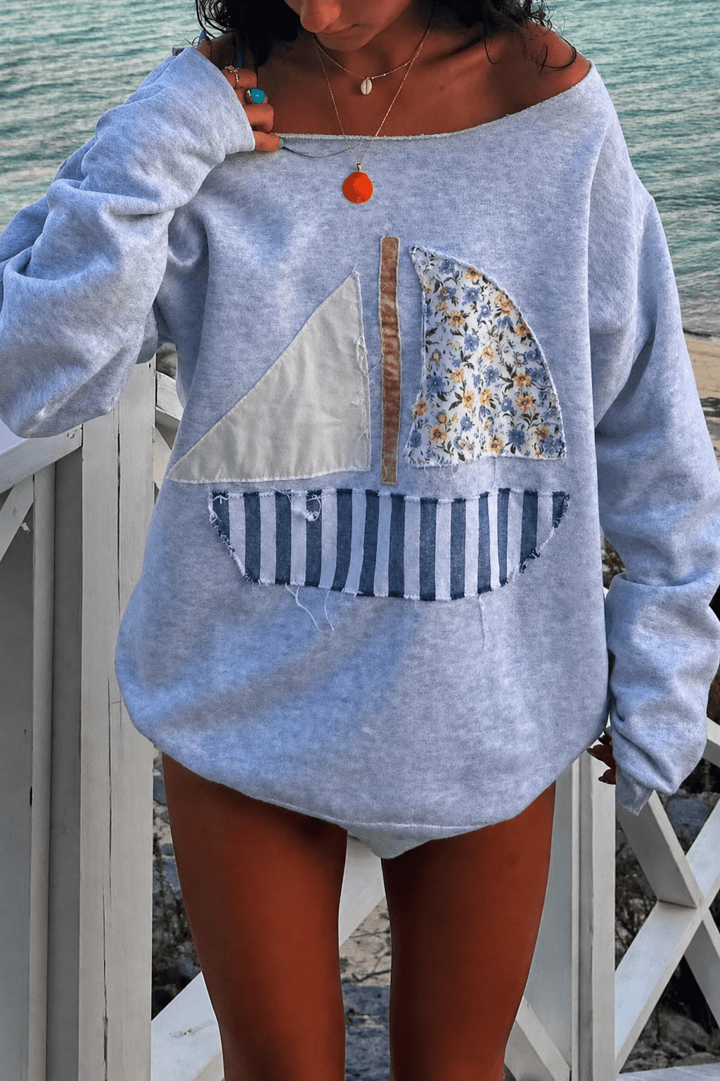 Sailboat Patchwork Off Shoulder Sweatshirt Main image