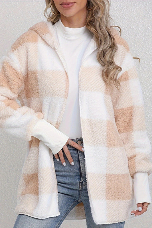 Plaid Fuzzy Hooded Mid Length Coat Apricot / S Main image