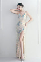Iridescent Sequin Slit Bodycon Maxi Dress Apricot / S
