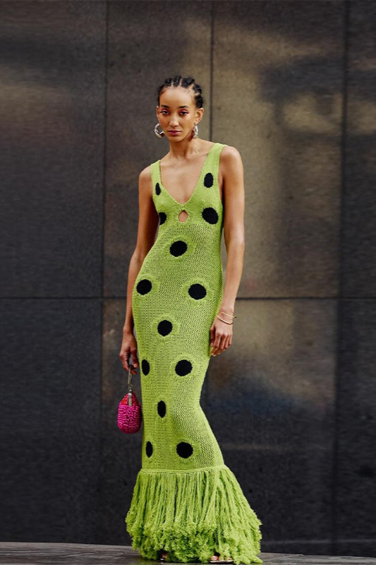 Polka Dot Knit Fringe Hem Maxi Dress Main image