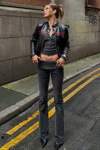 Side Metal Buckle Low Rise Flare Leg Jeans