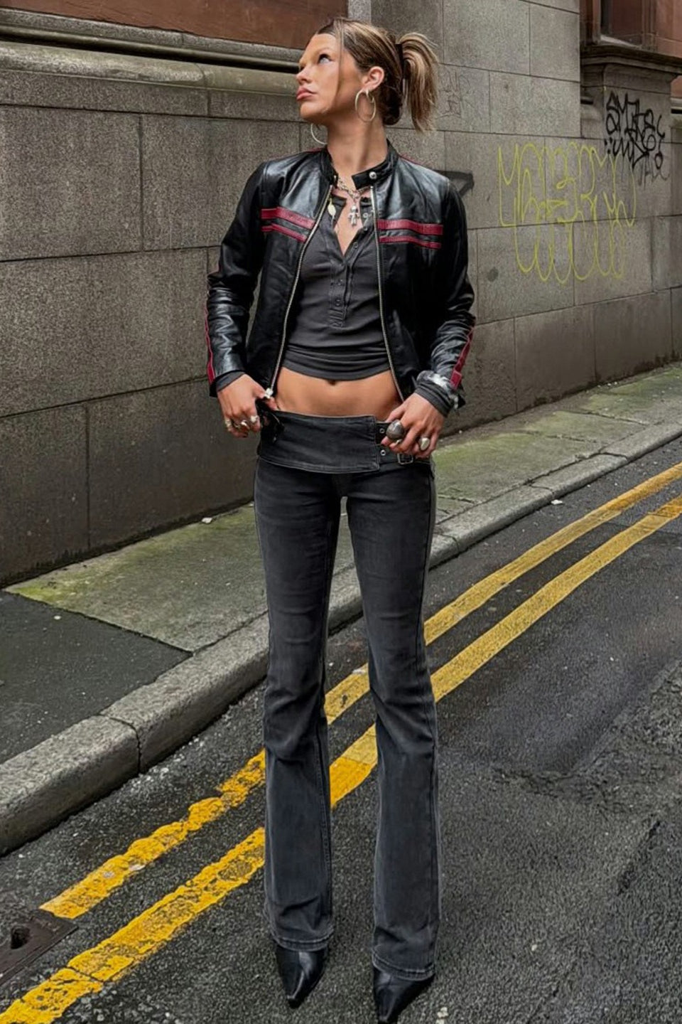 Side Metal Buckle Low Rise Flare Leg Jeans