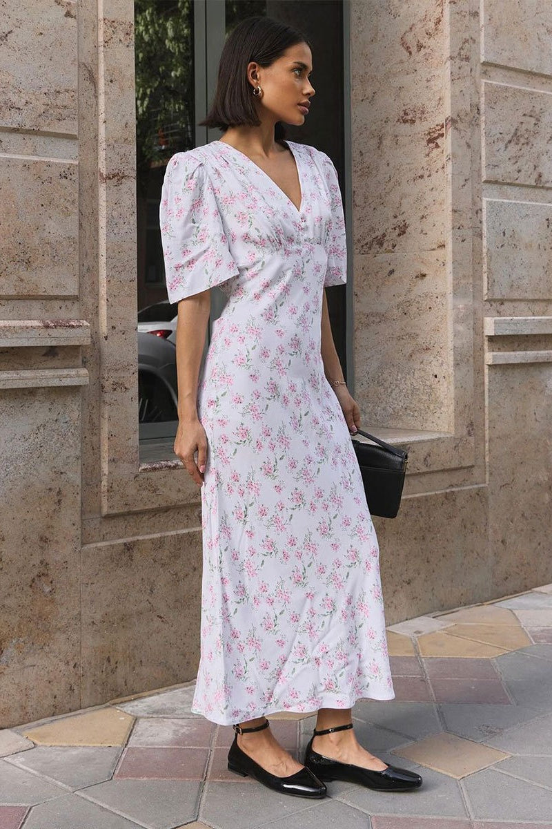 V Neck Short Sleeve Maxi Floral Dress