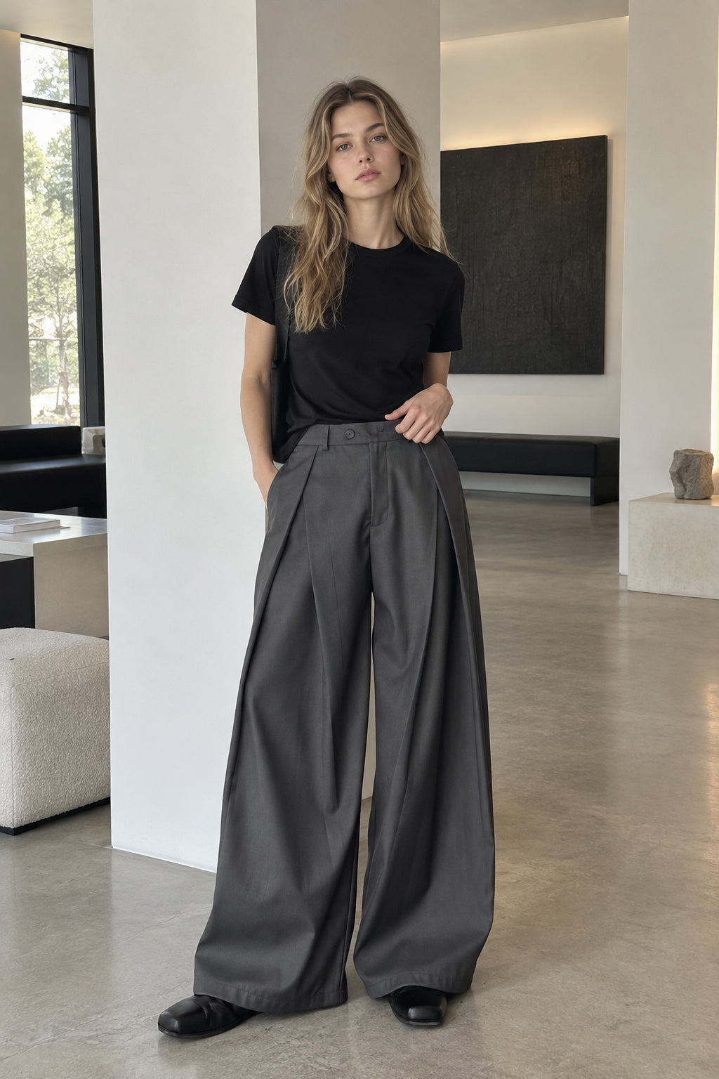 Casual 3D Pleat A-Line Wide Leg Pants