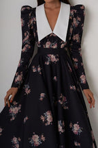 Flared Vintage Print Slim Waist Floral Maxi Dress