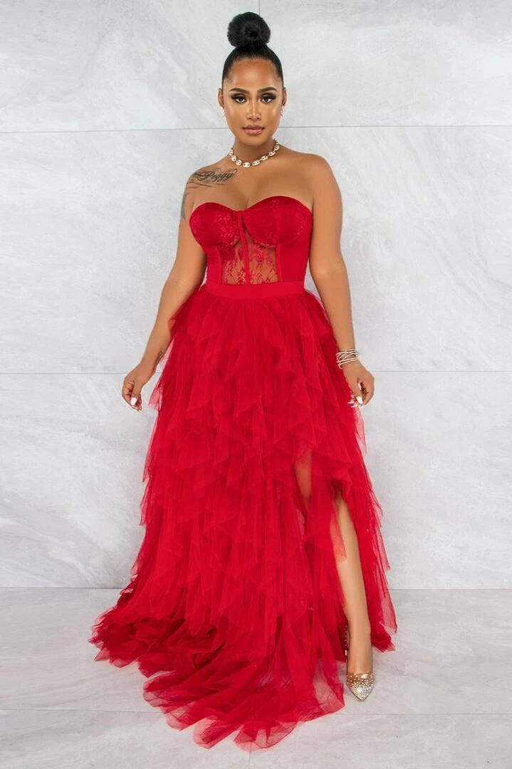 Sheer Lace Bustier Formal Dress