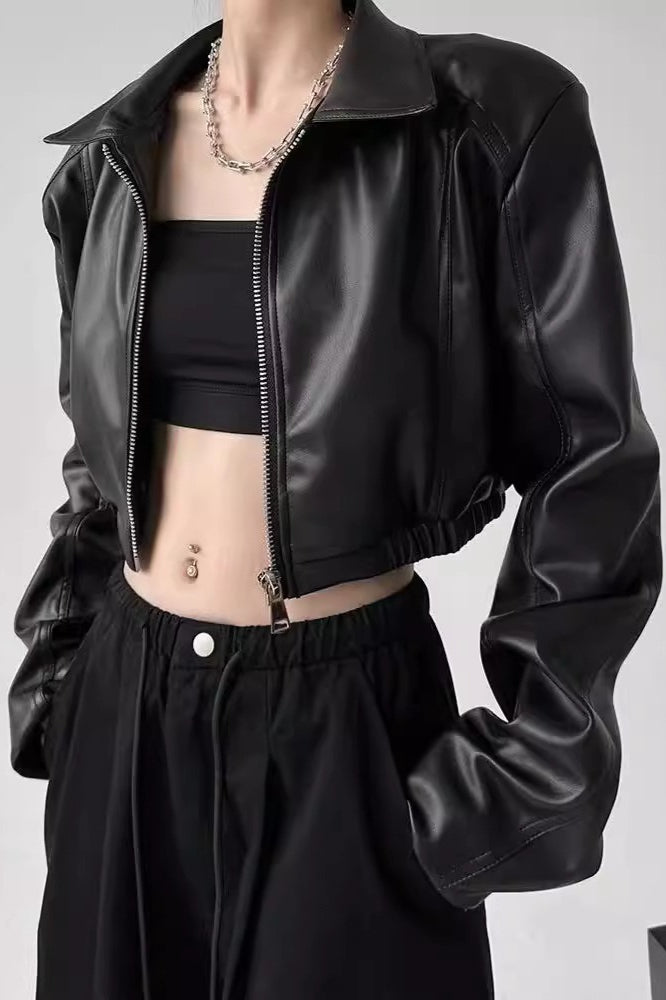 Turn Down Collar Biker Short Jacket Black / S Main image