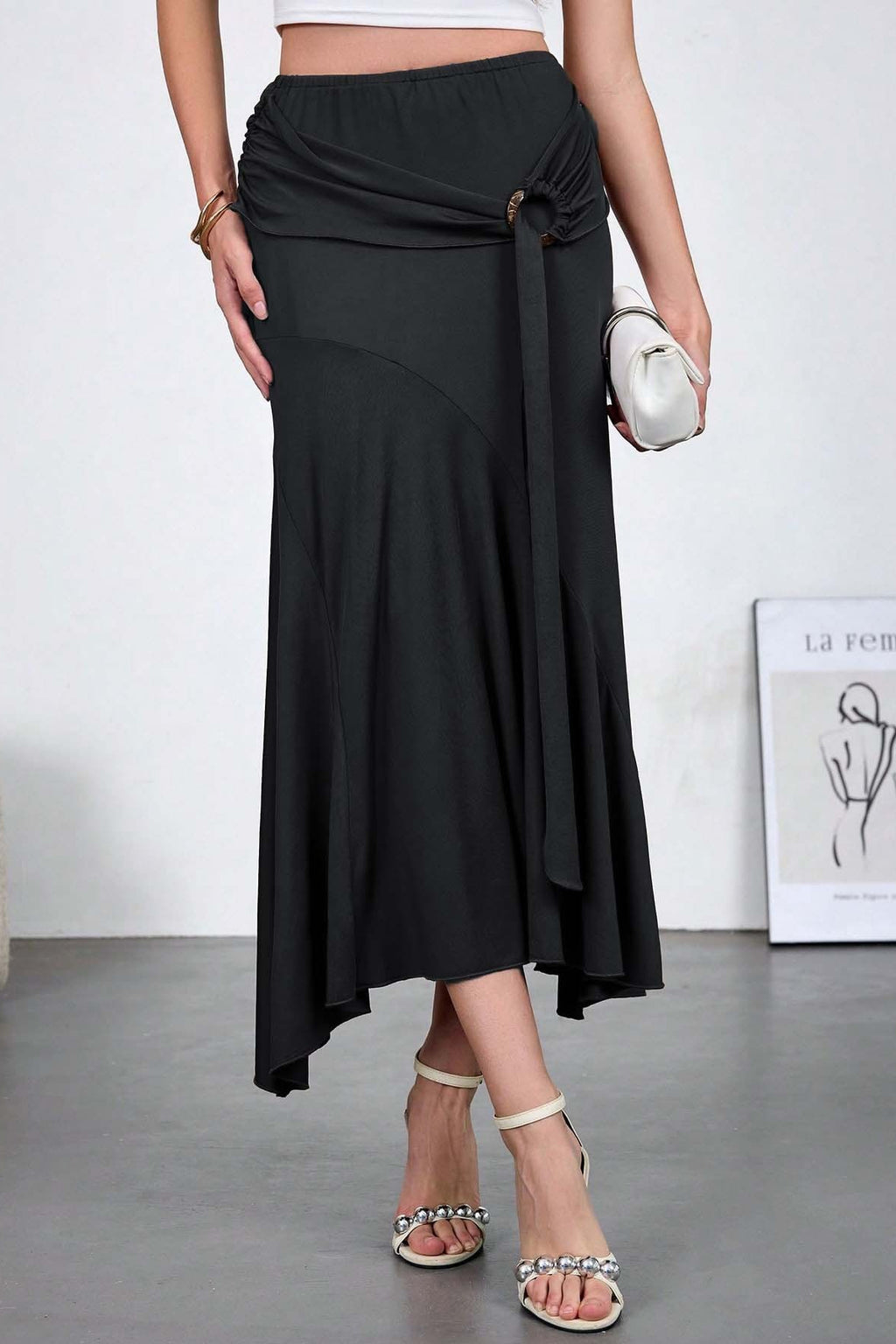 High Waist Wood Veneer Sash Bodycon Skirt