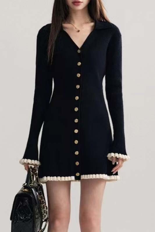 Black Contrast V-Neck Sweater Dress Secondary image