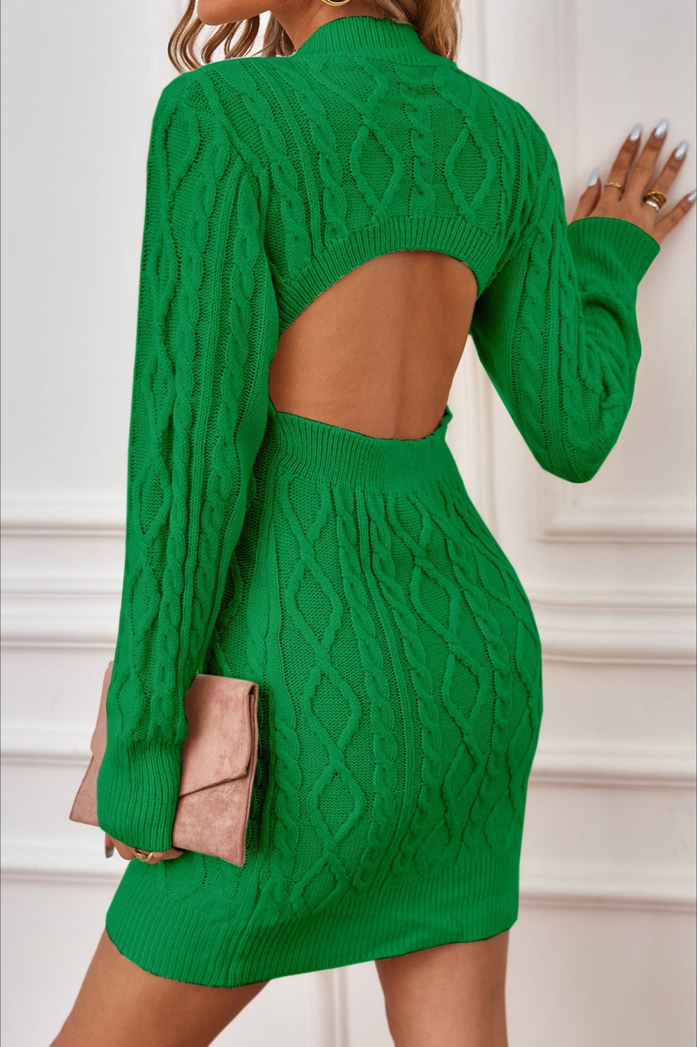 Long Sleeve Cable Knit Backless Sweater Dress