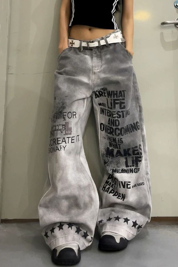 Distressed Letter Print Dirty Wash Wide Leg Jeans