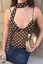 Brown Polka Dot V Neck Mesh Cami