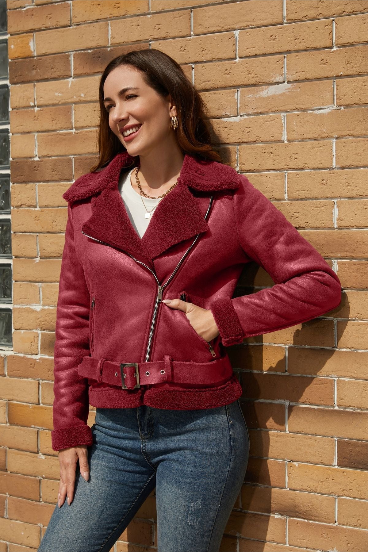 Shearling Lined Belted Suede Jacket S / Red