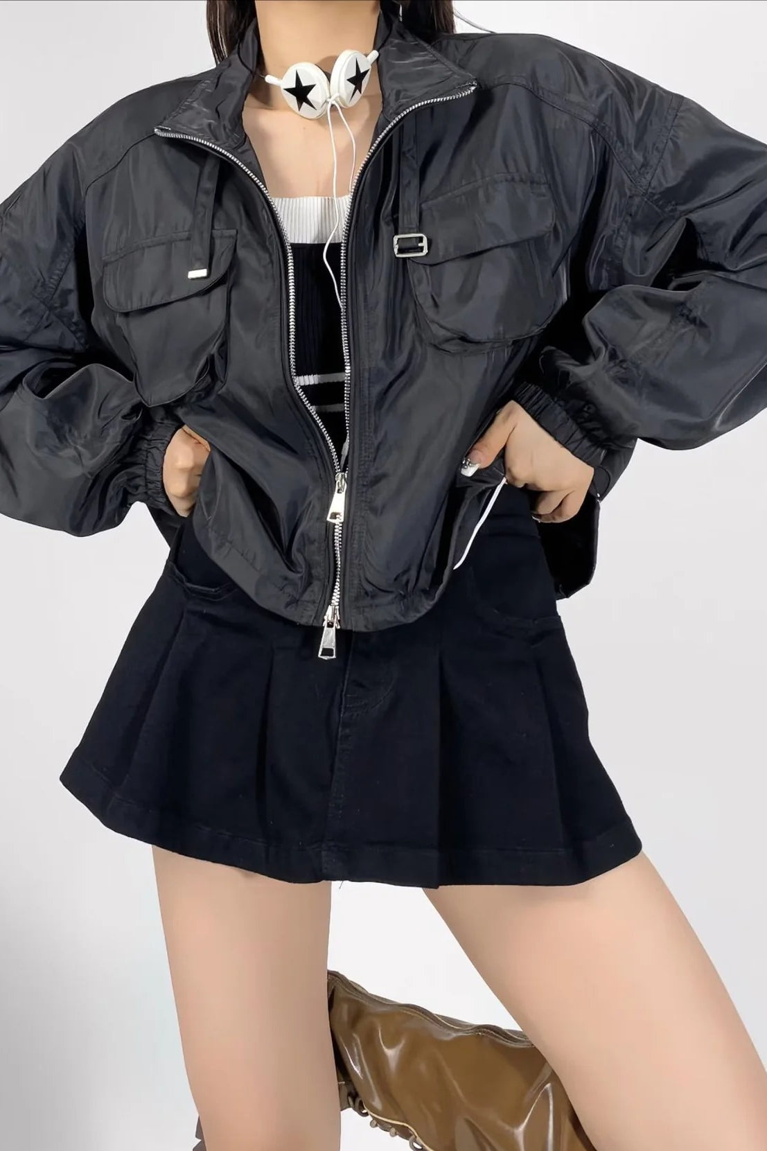 Cropped Cargo High Neck Coat coats