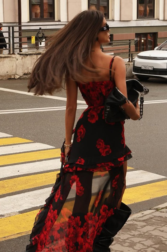 Rose Print Mesh Train Party Dress