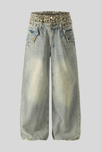 Leopard Double Waist Wide Leg Jeans