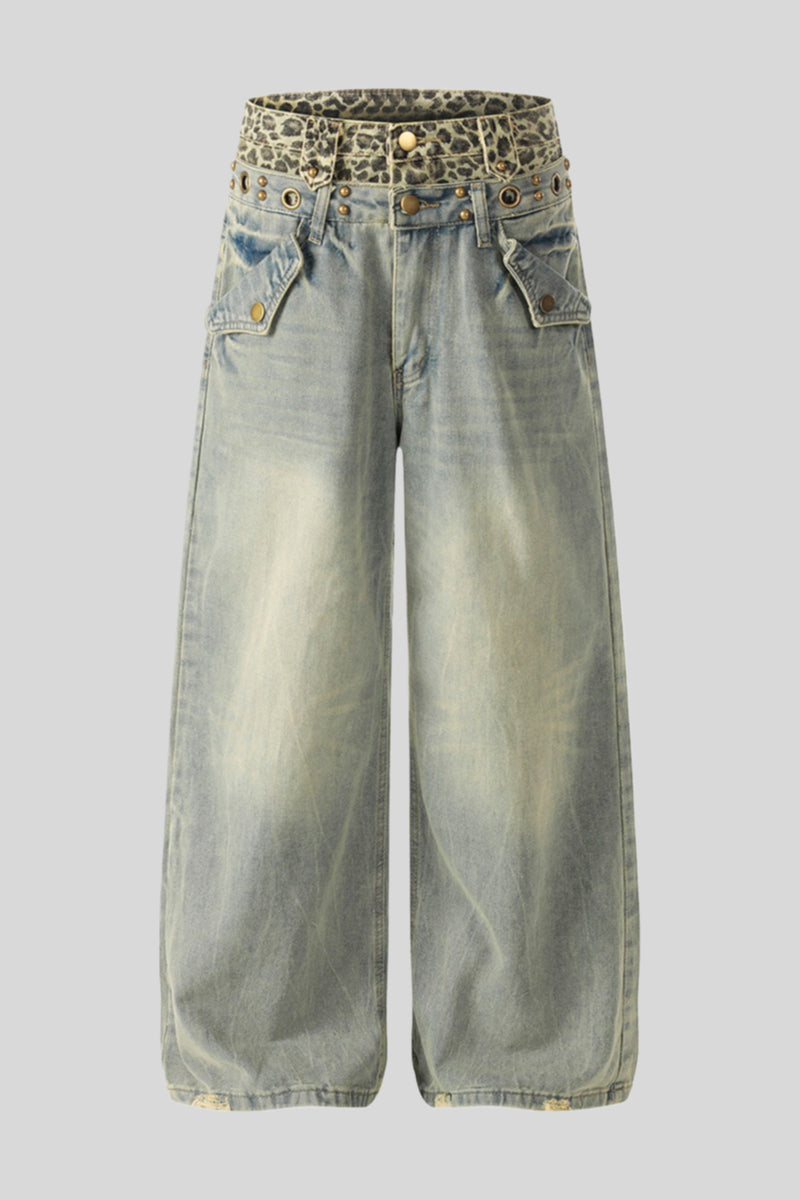 Leopard Double Waist Wide Leg Jeans