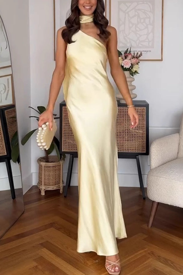 Solid Asymmetrical Shoulder Tie Waist Sleeveless Slim Fit Prom Dress Secondary image