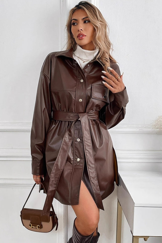Mid Length Windproof PU Belted Coat coats Main image