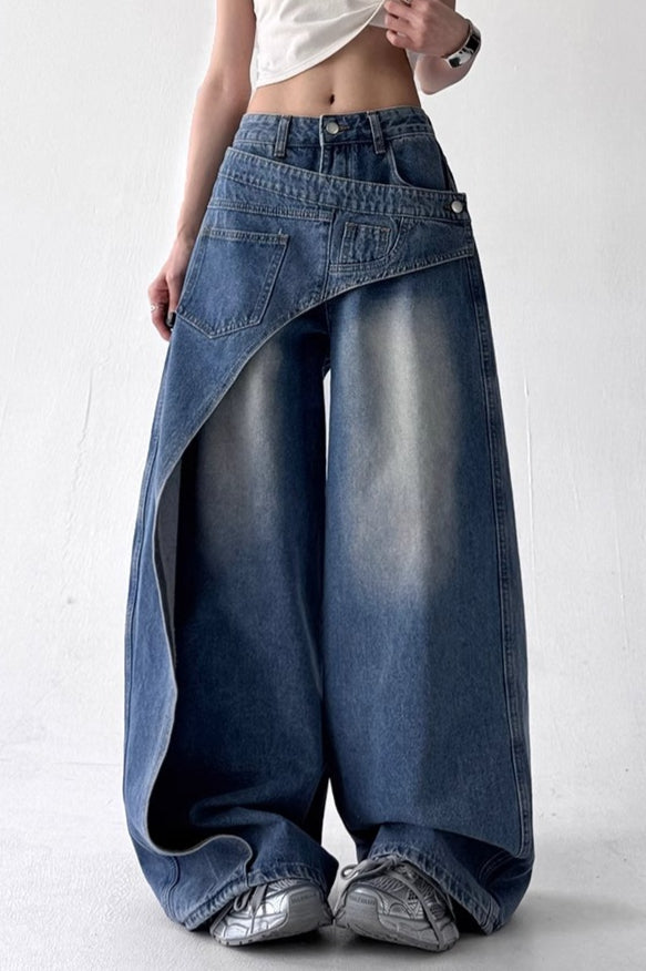 Asymmetric Panel Patchwork Wide Leg High Waist Jeans Main image
