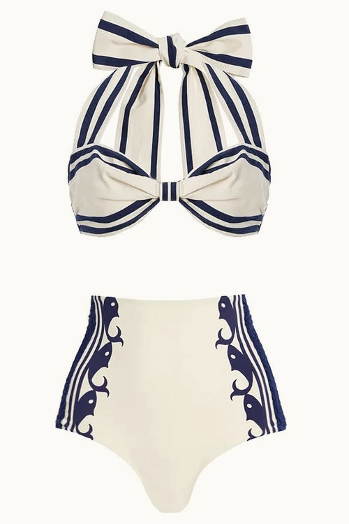 Navy Halter High Waist Three Piece Swim Set