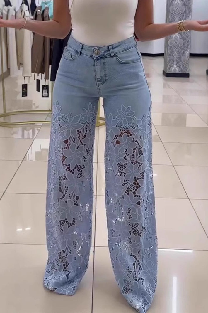 High Waist Lace Cutout Long Wide Leg Jeans Secondary image