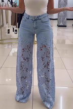 High Waist Lace Cutout Long Wide Leg Jeans