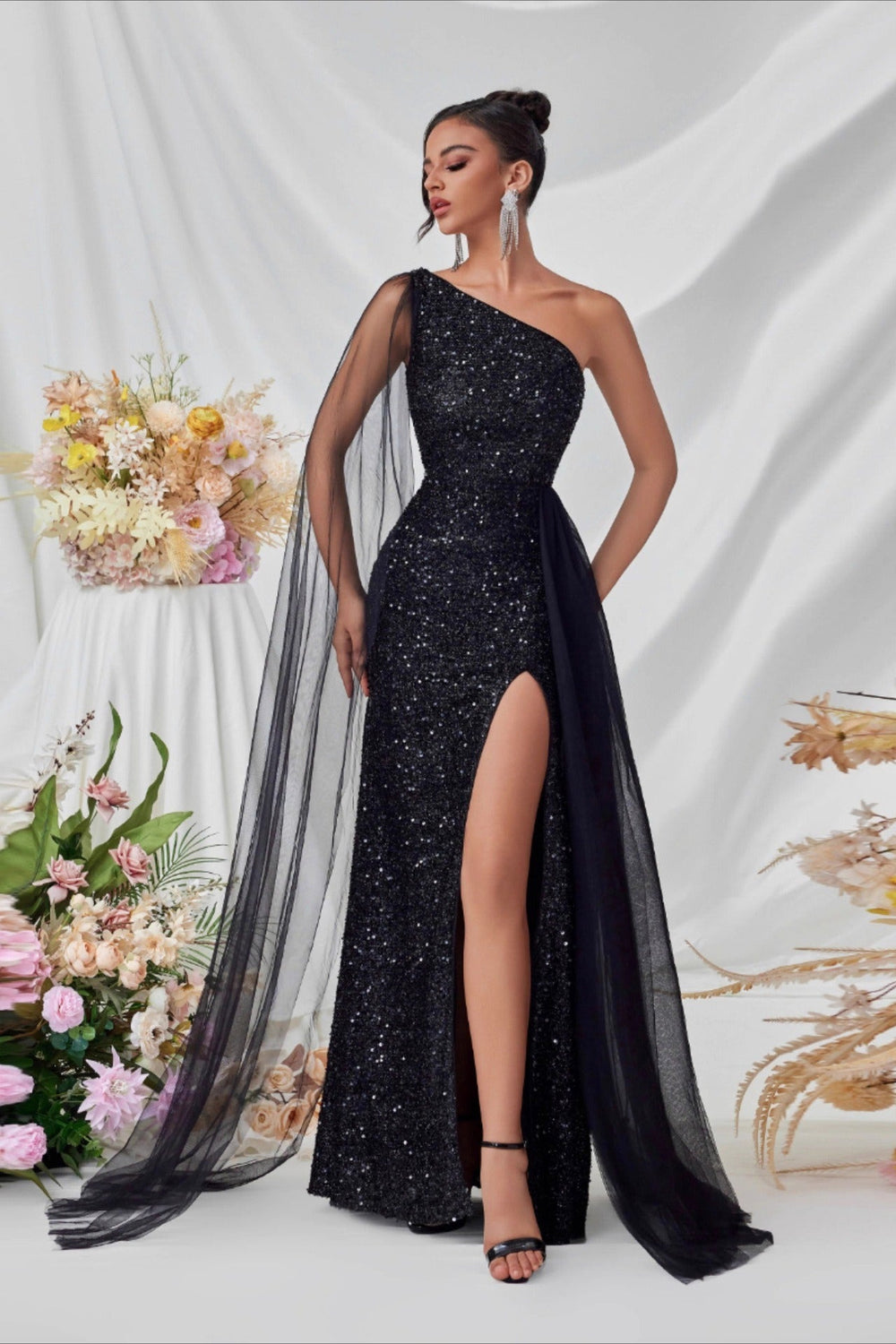 Sequin Mesh Panel Evening Party Dress