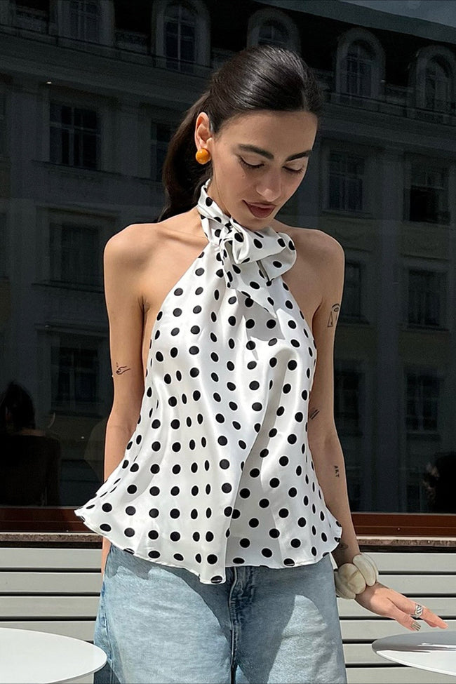 Polka Dot Satin Bow Tie Backless Cami Crop Top Main image