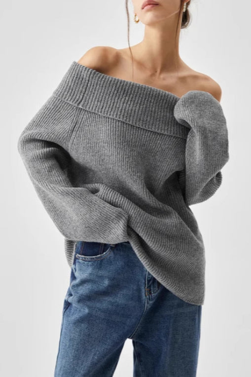 Off Shoulder Knit Pullover Sweater Grey / S Main image