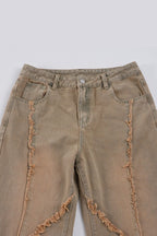 Distressed Frayed Detail Panel Straight Leg Jeans