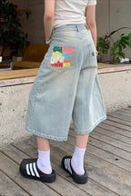 Color Letter Print Loose Fit Denim Shorts