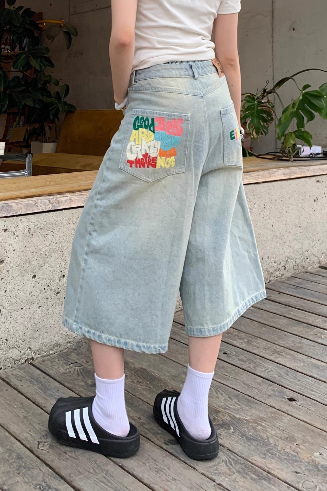 Color Letter Print Loose Fit Denim Shorts