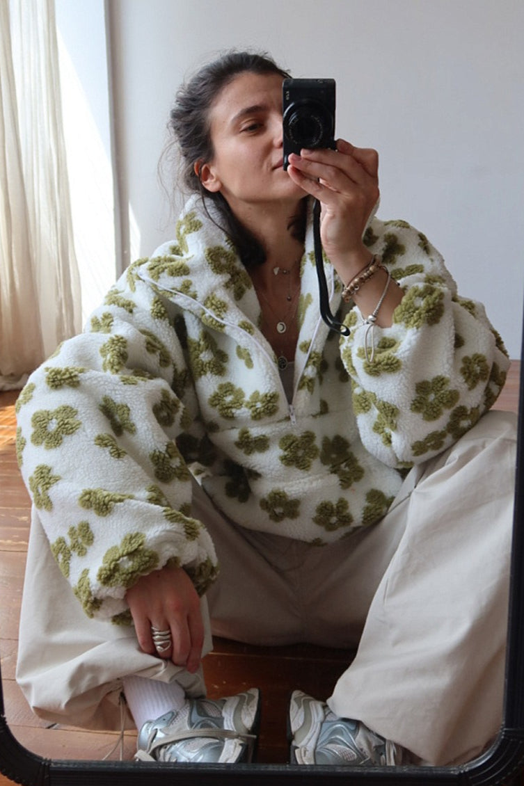 Floral Sherpa Quarter Zip Pullover Sweatshirt