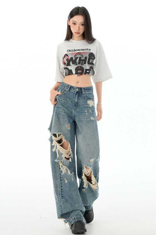 Retro Distressed Long Straight Leg Jeans Blue / XS Main image