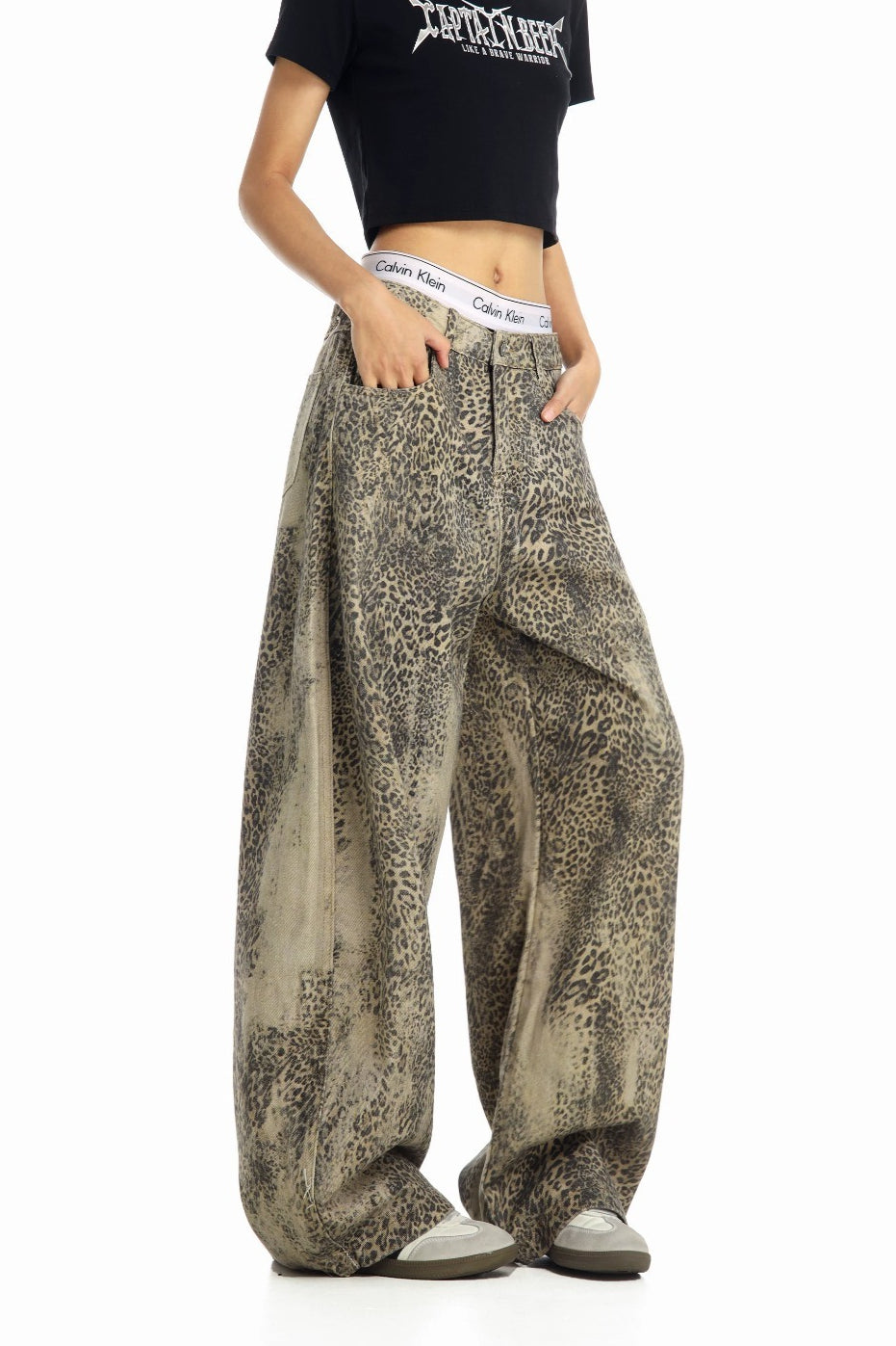 Leopard Print Cargo Wide Leg Jeans