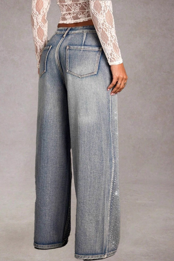 Full Rhinestone High Waist Wide Leg Denim Jeans Secondary image
