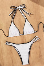 White Halter Crochet Two Piece Bikini Set