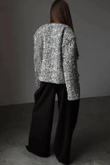 Solid Crew Neck Sequin Tweed Jacket