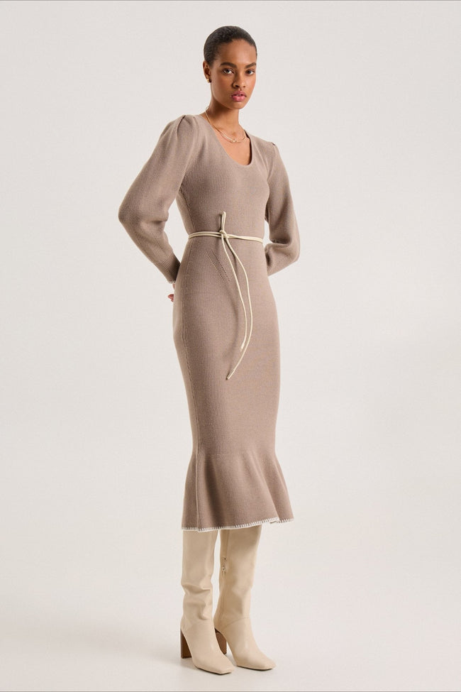Contrast Trim Ruffle Sweater Dress S / Brown Main image