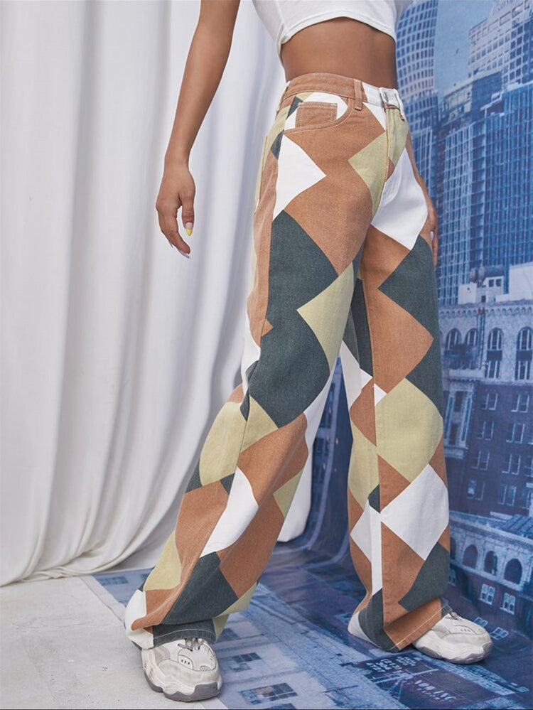 Color Block Argyle Print Wide Leg Jeans Jeans