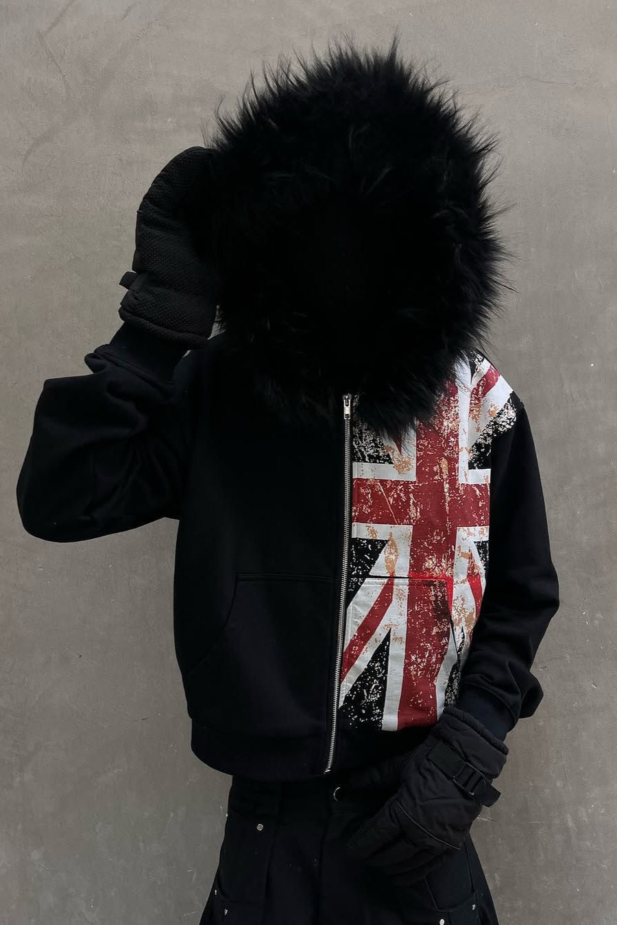Faux Fur Union Jack Fleece Lined Hoodie Main image