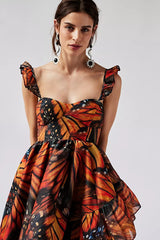 Butterfly Print Strap Flared Floral Dress