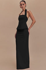 Solid Halter Backless Maxi Formal Dress S / Black